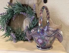 Fenton Iridescent Purple Basket Hand Painted Floral Flowers Signed 8” Very Nice