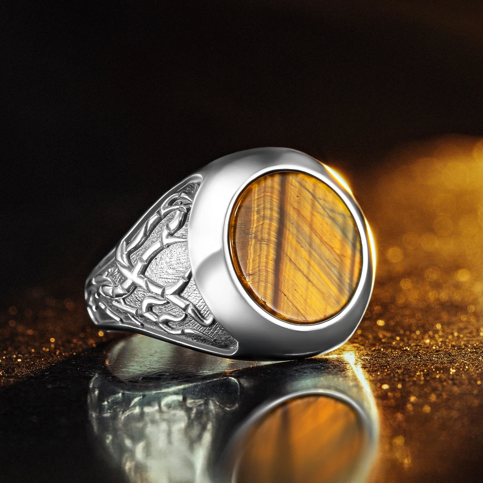 Anillo de plata de ley 925 con piedra redonda de ojo de tigre marrón para hombre Foto 3 de 4