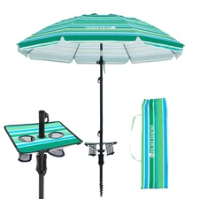 7ft Heavy Duty High Wind Beach Umbrella With Foldable Table & Hook, UV 50+ Pr...