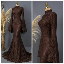 Chocolate Mermaid Muslim Prom Dresses Long Sleeve Lace High Neck Evening Gowns