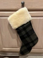 💥NEW NWOT USA FILSON Shearling Wool Christmas Stocking Green Leather Plaid Rare