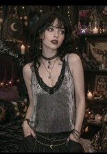 Falls Creek Velvet Lace Trim Cami Babydoll Tank Top Womens M 90s Y2K Whimsigoth