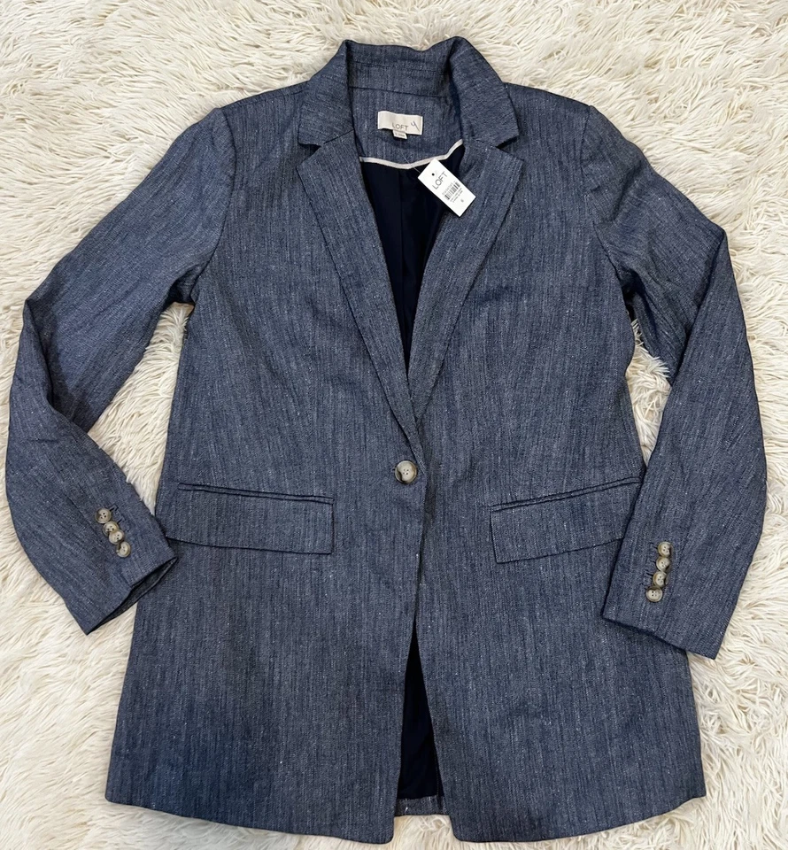 Ann Taylor LOFT расслабленный современный карьера блейзер куртка Sz 6 синий льняной смеси новый с Ярлыками - Изображение 3 из 4