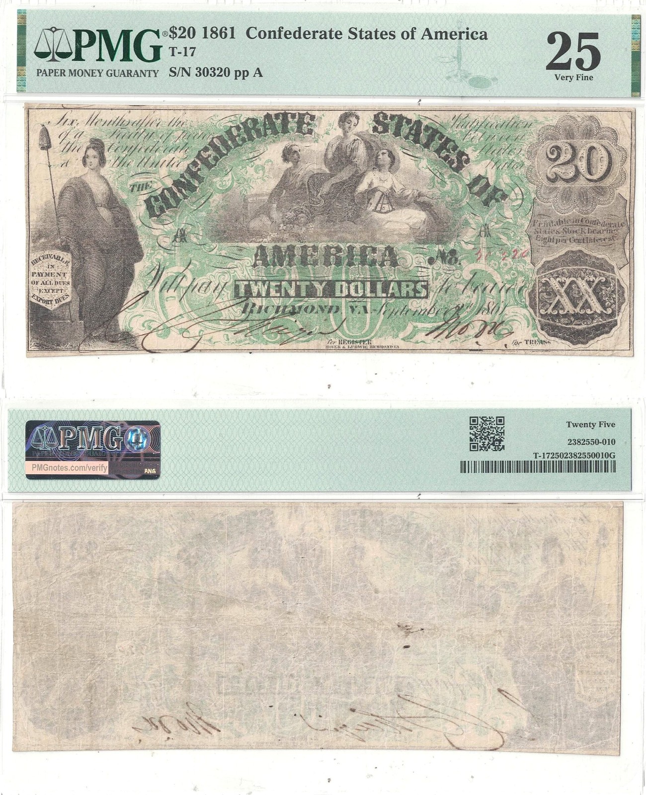 1861 $20 Confederate Note T-17 PMG VF-25
