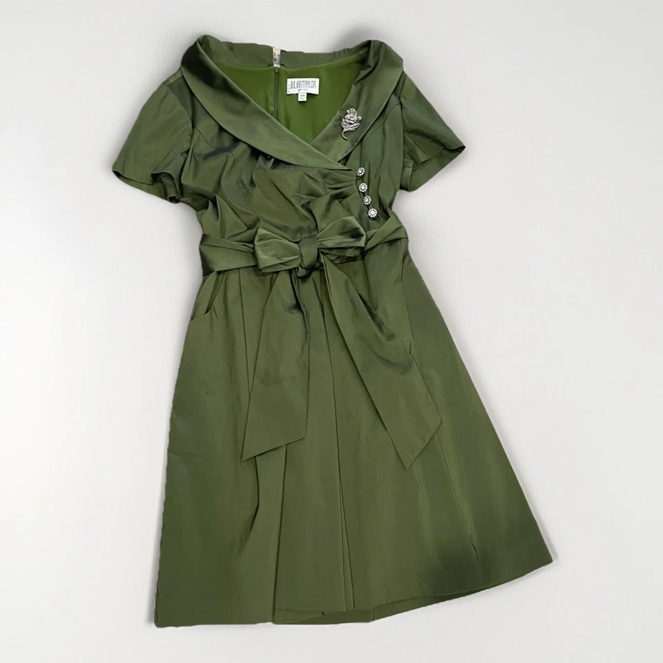 Julian Taylor Holiday Cocktail Party Belted Dress women’s 14W Green Jeweled Zip - Image 2 of 4