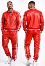 Men's Braydon PU Leather Track Suit Sweat suit Red  White Jogging Tracksuit