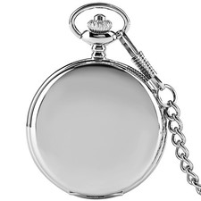Silver Smooth Pocket Watch Double-Sided Polished Case Quartz with Short Chain