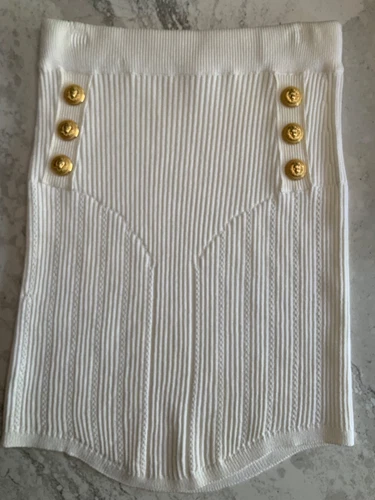 Balmain Paris Ivory Ribbed Knit Mini Skirt Gold Buttons Designer Luxury - XS - product listing photo