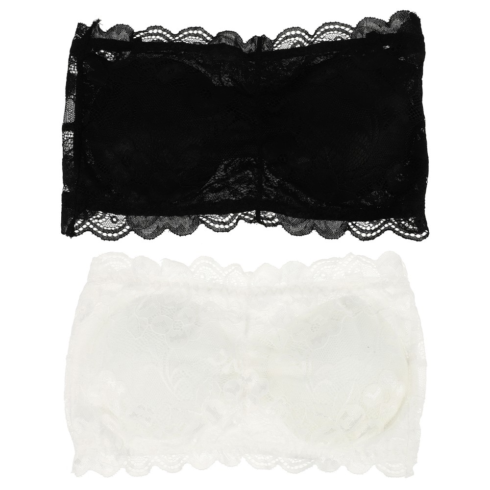 2 Pcs Strapless Padded Seamless Bandeau Bra Lace Tube Bra for Women