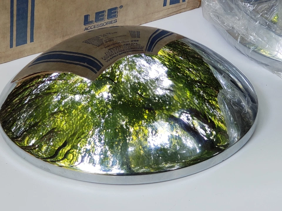 Vtg 60s Lot 4 LEE ELIMINATORS Chrome Baby Moon Hub Caps Wheel Hubcaps NOS in Box - Image 3 of 4