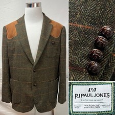 Men  s 2XL Herringbone Tweed Paul Jones Brown Green Wool Blazer Jacket Sport Coat