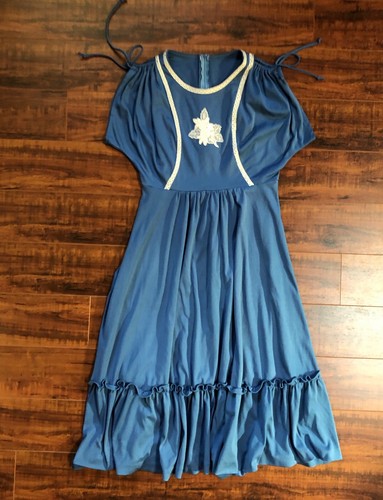 Vintage Embroidery Chic Pixie Blue Renn Faire Cold Cut Out Shoulder Dress 4/6 - Picture 7 of 10