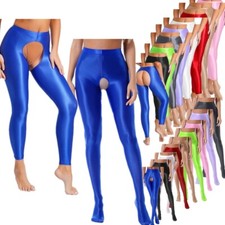 Womens High Waist Shiny Pants Pantyhose Open Crotch Glossy Tights Cotume