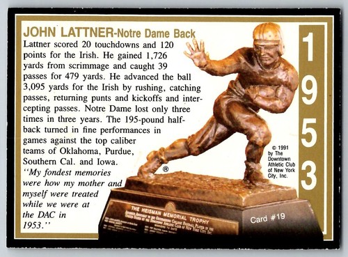 Colección Heisman 1991 I John Lattner Notre Dame lucha irlandés #19 - Imagen 2 de 2
