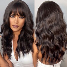 Long Water Wave Brazilian Human Hair Wig with Bangs Full Machine Made Scalp Top