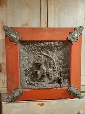 Antique Lrg Spelter Bronze High Relief Plaque European Hunting Scene Horse Deer