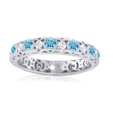 Eternity Band Ring Round Simulated Blue Topaz 14K White Gold Plated Silver
