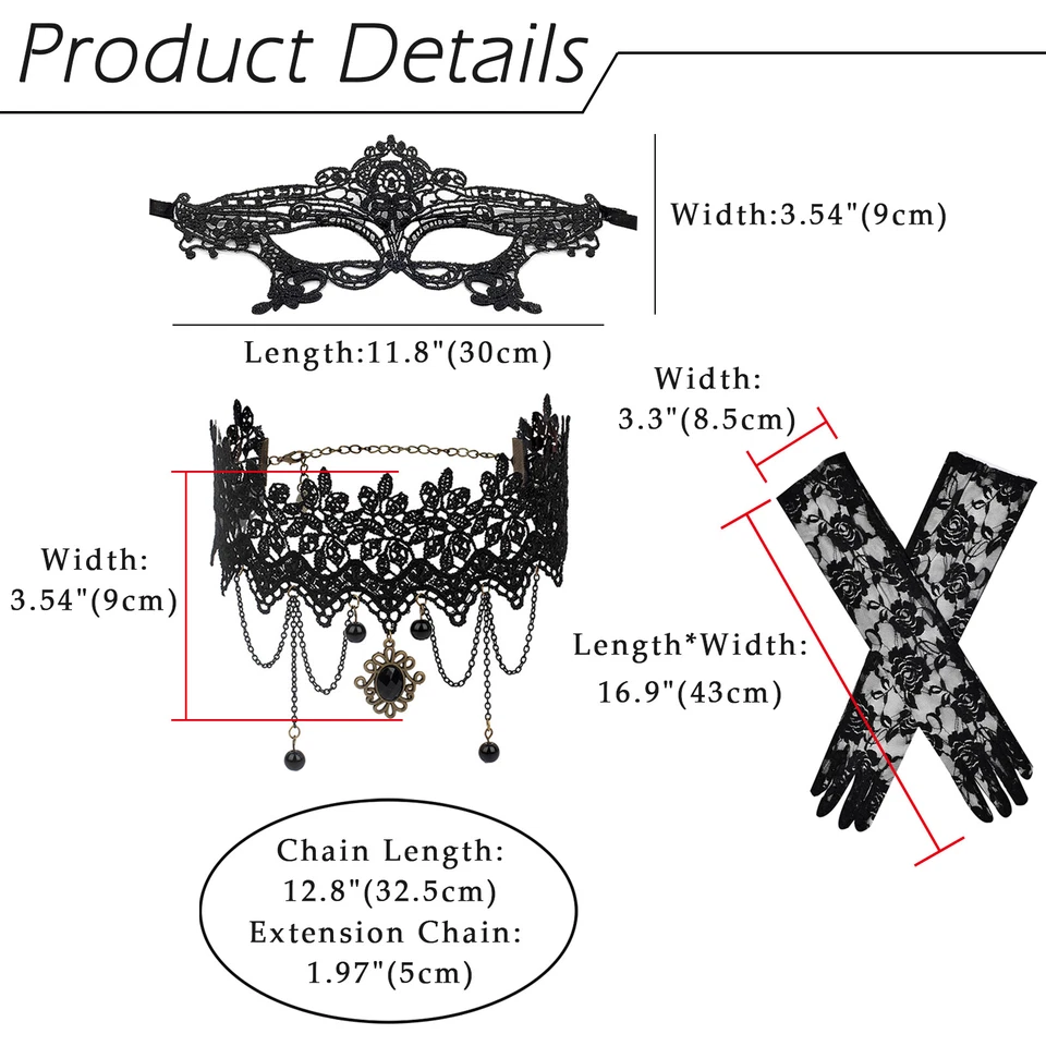 3Pcs Gothic Black Lace Eye Mask Choker Gloves Set Masquerade Costume Party Prom - Image 2 of 4