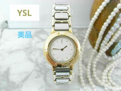 220 稼働 【美品】イヴサンローラン　レディース 時計 ゴールド　ホワイト Yves Saint Laurent 2200-229789Y YSL Roman Logo Bezel Women's Watch