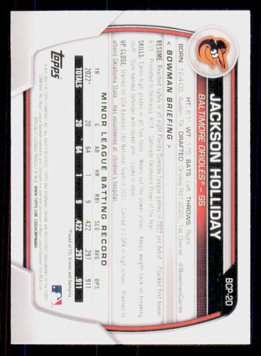 2023 Bowman Chrome Prospects #BCP-20 Jackson Holliday Baltimore Orioles - Picture 2 of 2