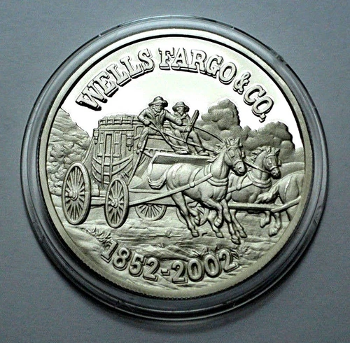 Rare WELLS FARGO 150th ANN. 1852-2002 1 Troy oz.999 Silver PROOF Round Coin