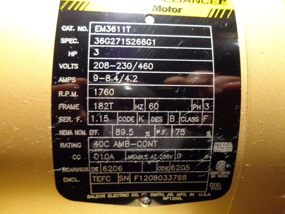 BALDOR SUPER-E MOTOR, EM3611T-5, 3HP, 1760RPM, 3 PH, 60 HZ, 182TC, 0628M - Image 2 of 2