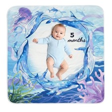 Baby Monthly Milestone Flannel Blanket Whale Photography Backdrop 47x47 Inch