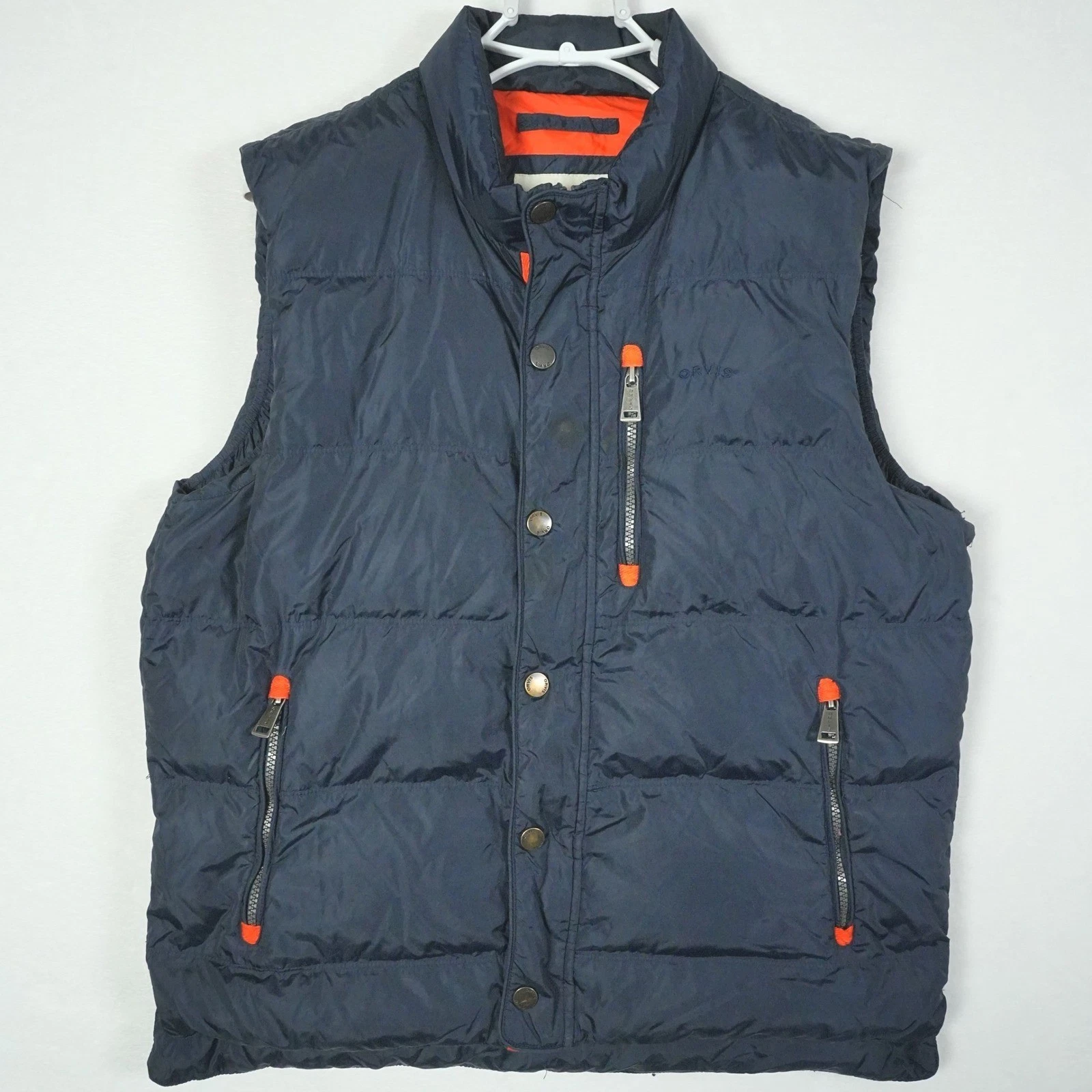 Orvis Men's Puffer Vest Size Medium Navy Blue Orange Lined Zip Duck Down - Read