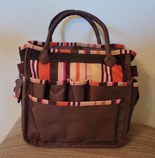 Multi-Pocket Craft Organizer Tote Bag Brown with Multicolor Striped Trim