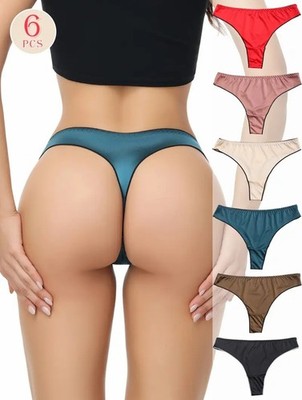 6 Pcs Satin Silky Thongs G String Women's S M L XL Black Brown Red Pink Cream