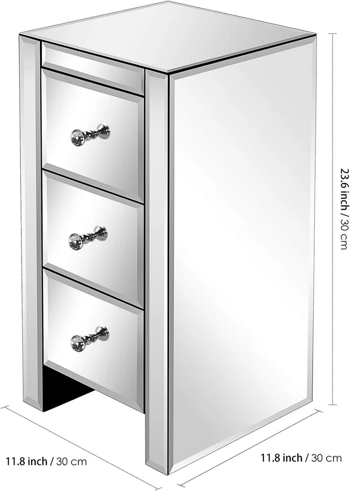 Mesitas de noche con espejo de vidrio plateado con mesitas auxiliares de cama pequeñas de 3 cajones Foto 2 de 4