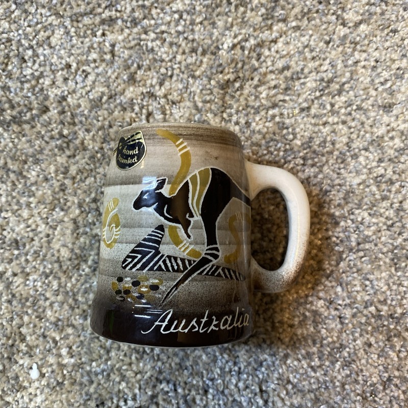 Vintage LITTLE SYDNEY POTTERY Mug Cup Kangaroo Boomerang Brown  Hand Painted