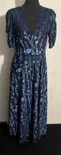 Hutch Dress Womens 8 Navy Blue Floral Burnout Velvet V Neck Midi Short Sleeve