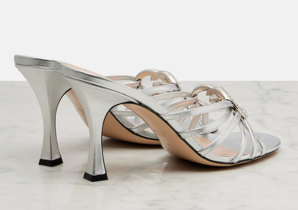 Gucci Interlocking G 85mm Silver Leather Crystal GG Logo Heel Mule