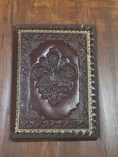Vintage Fleur De Lis Red Handmade Leather 7.5x5.5” Contact Notebook Cover NOS