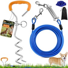 Dog Tie Out Cable and Stake, 30ft Leash Chain Lead with Swivel Hook and Shock...