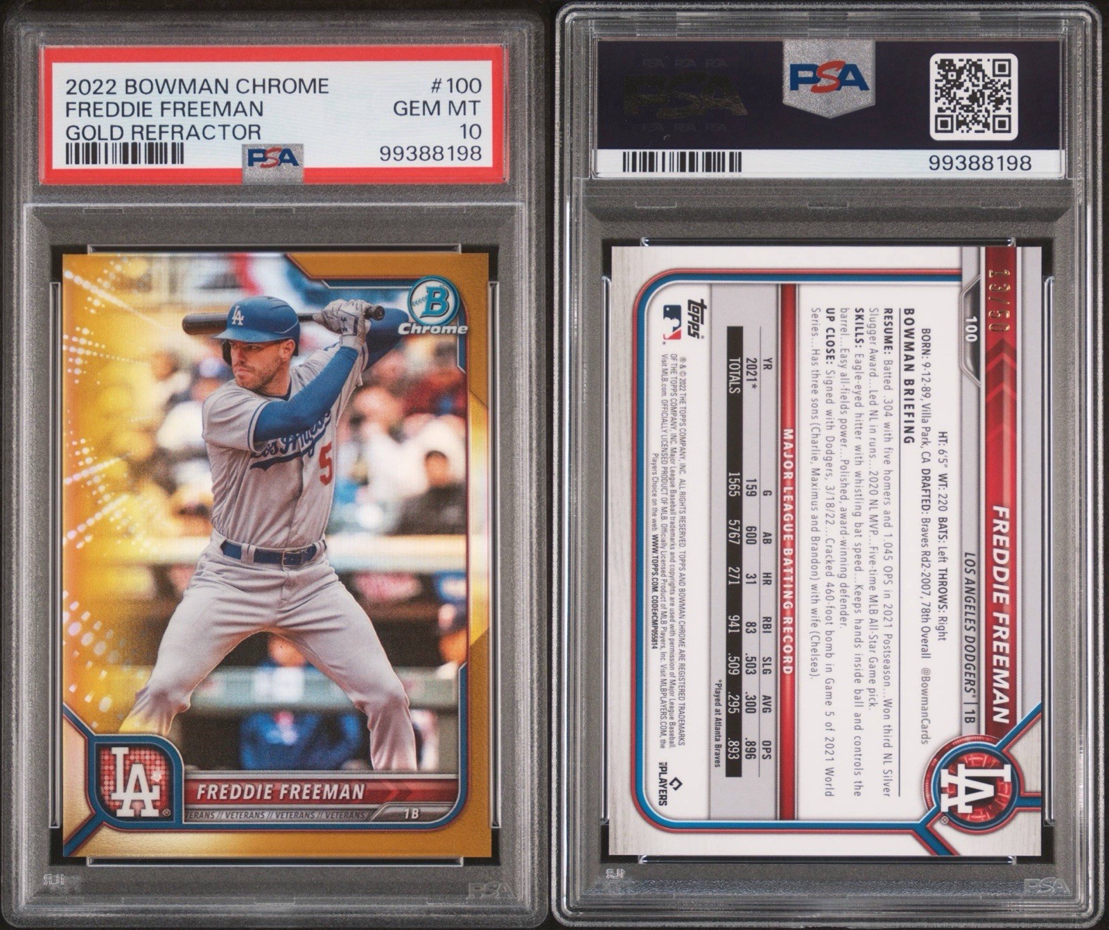 2022 Bowman Chrome Freddie Freeman True Gold Refractor /50 Dodgers PSA 10 view 3