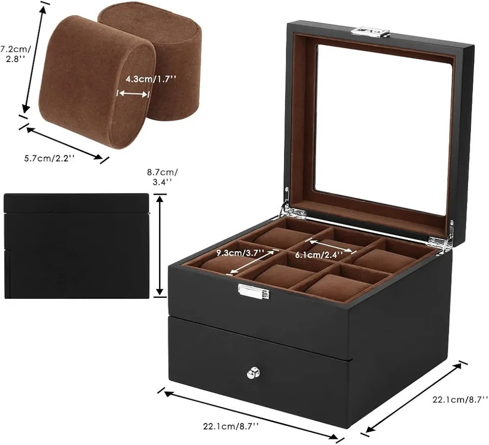 Caja de reloj de madera de 2 niveles 12 ranuras tapa de vidrio vitrina organizador de terciopelo Foto 3 de 4