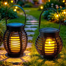 Solar Black Rattan Effect LED Flickering Candle Outdoor Hanging Garden Lantern