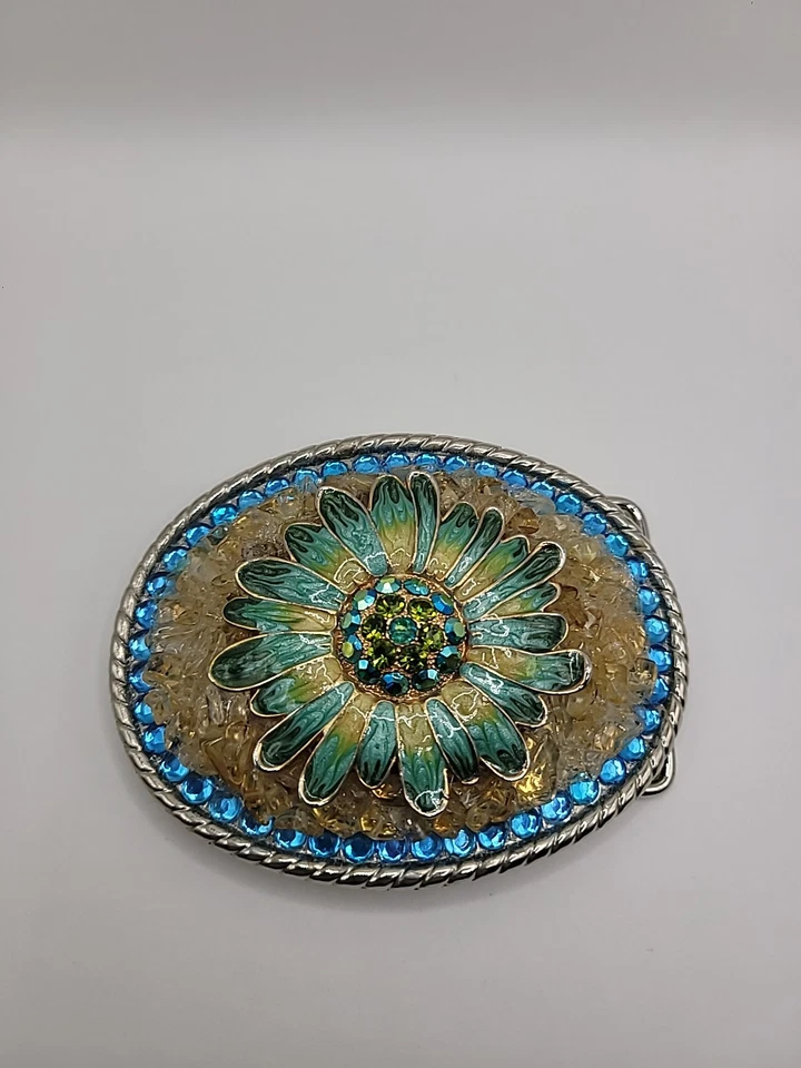 Hebilla de cinturón occidental vintage azul verde esmalte margarita estrás floral ovalado Foto 2 de 4