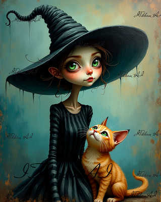 Digital Art Image Portrait Girl Witch Cat Anime Watercolor Desktop Wallpaper 