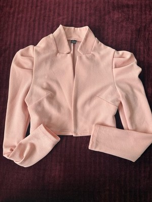 SHEIN Women s M Pink Cropped Open Front Basic Jacket Puff Sleeve Long Sleeve