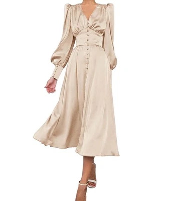Robe Longue Satinée Femme Robe de Soirée Cocktail Beige XS Coupe Empire - Photo 1/4