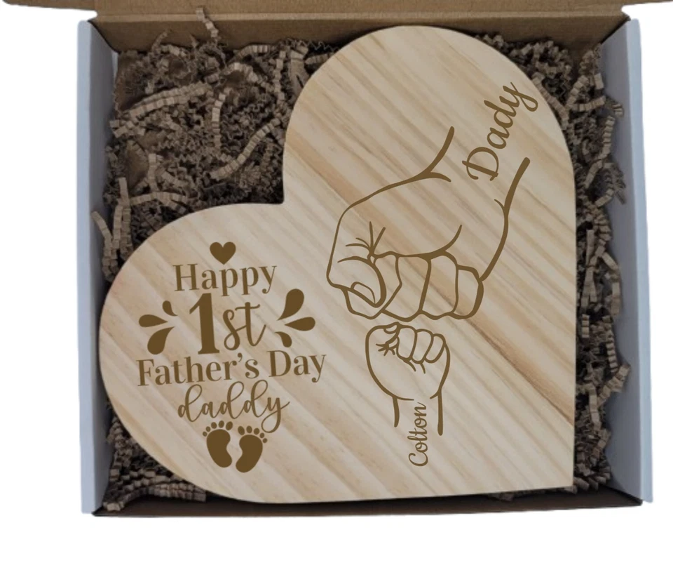 Pesonalized First Fathers Day Heart Wooden Plaque 9" Gift Dad Kid Hand Fist Bump - Image 2 of 4