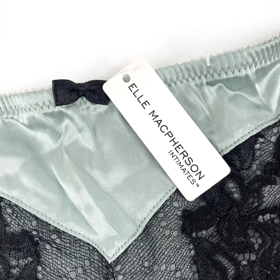 Elle Macpherson Thong Size M Sage Green Black Floral Lace Trim Silk Blend New - Image 2 of 4