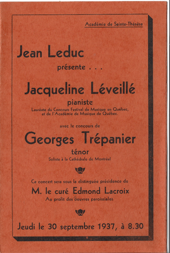 30 SEPT. 1937 PROGRAMME JACQUELINE LÉVEILLÉ PIANISTE & GEORGES TRÉPANIER TÉNOR- - 第 1/1 張圖片