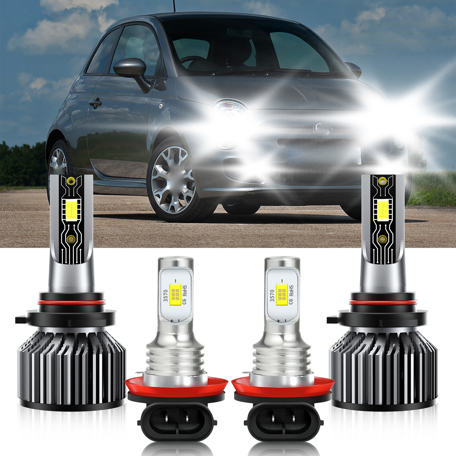 LED Headlight High Low Beam+Fog Light Bulbs Kit white For Fiat 500 2012-2018
