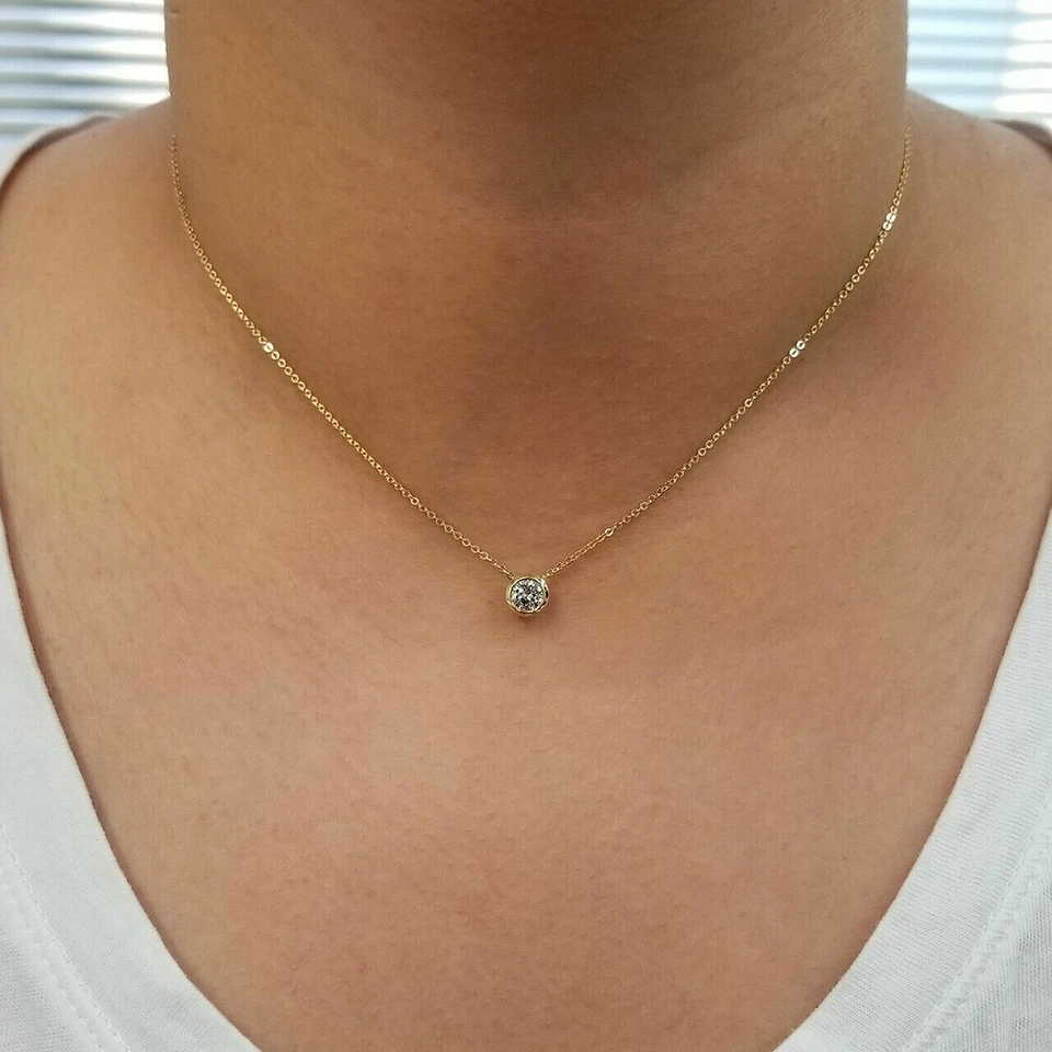 Solid 14K Yellow Gold Over 1.00 Ct Diamond Round Cut Solitaire Pendant Necklaces - Image 2 of 2