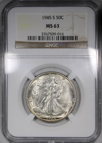 1945-S Walking Liberty Half Dollar NGC MS63 Mostly White Lightly Toned