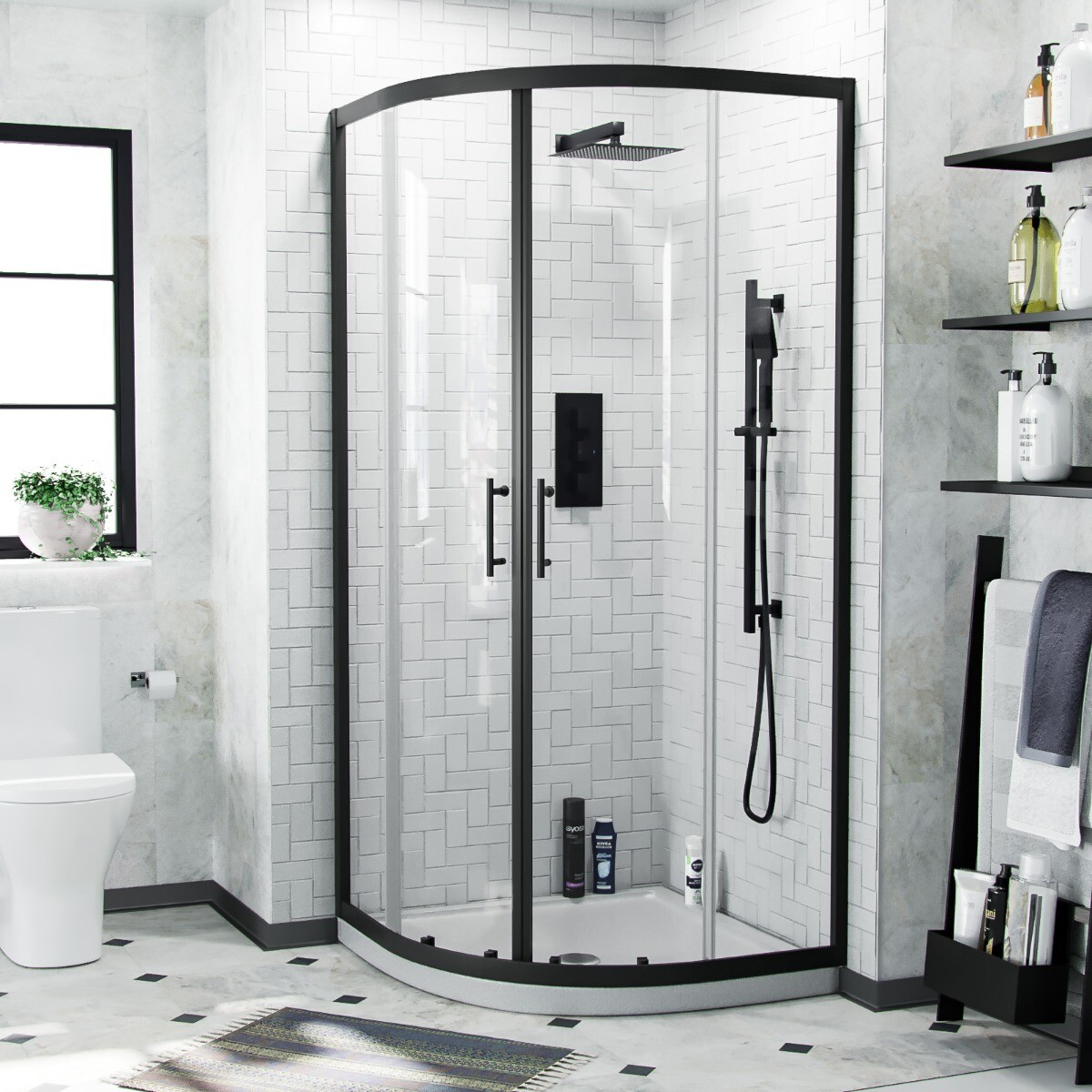 Saturn Black Framed Quadrant 1850 x 870 Corner Shower Enclosure & Tray
